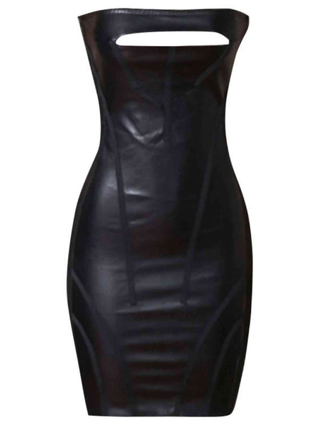 faux leather bandage dress Faux Leather Strapless Mini Sheath Dress